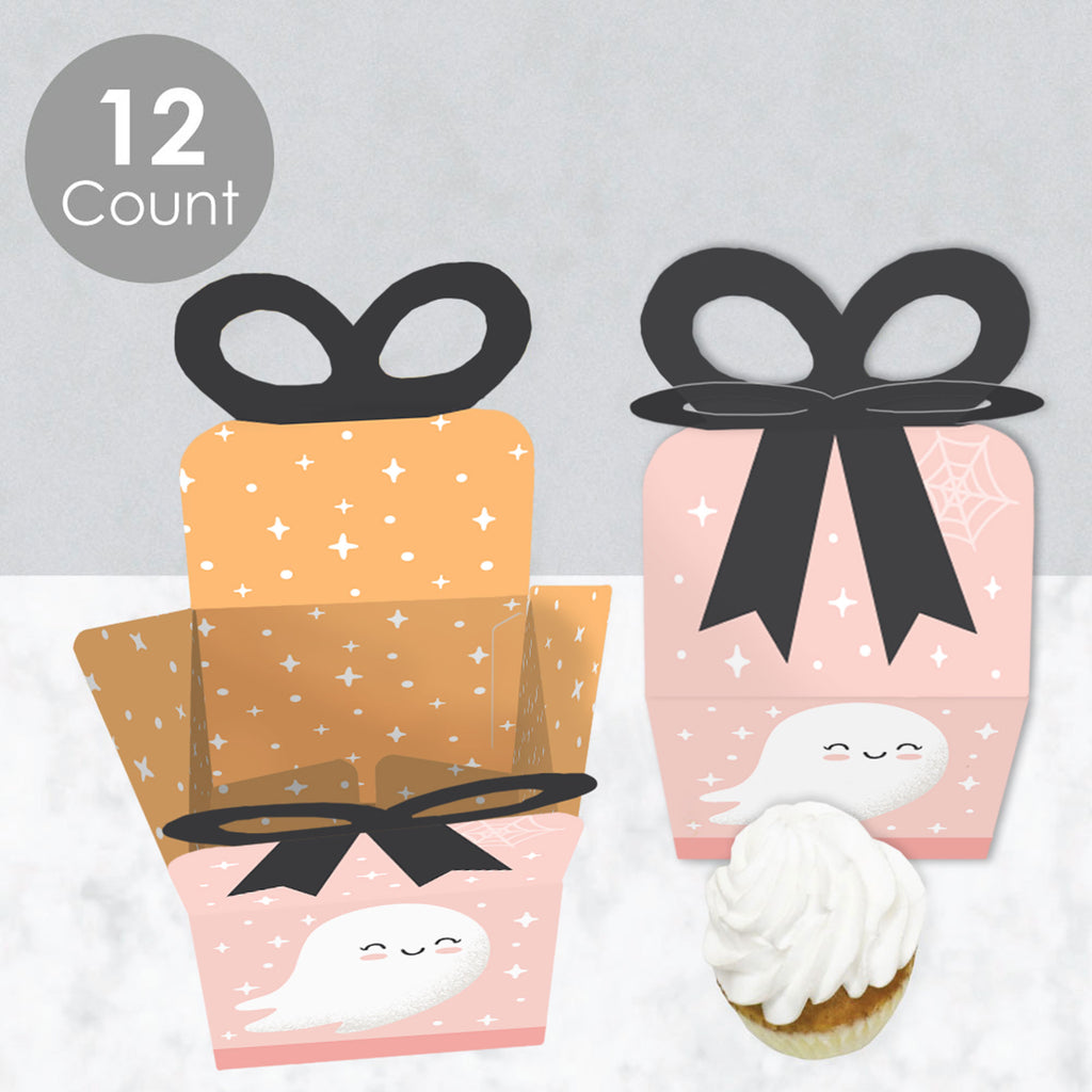 Big Dot of Happiness Pastel Halloween - Square Favor Gift Boxes - Pink Pumpkin Party Bow Boxes - Set of 12