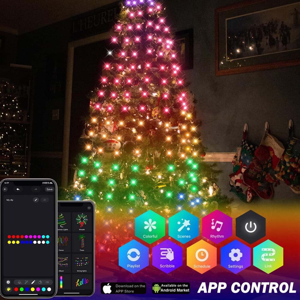 ASTRAEA 6.5FT Smart Christmas Tree Lights, 200LED RGB Color Changing String Lights Waterproof for Xmas Tree Decorations Indoor Outdoor, Multicolor