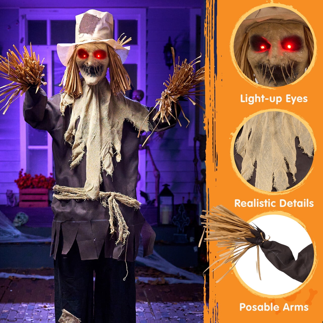 Joyfy 67" Standing Grim Reaper with Chain, Large Halloween Decorations Outdoor, Life Size Animatronics Skelton, Sound-Actived Party Decor with Creepy Sound & LED Eyes, Scary Haunted House Props