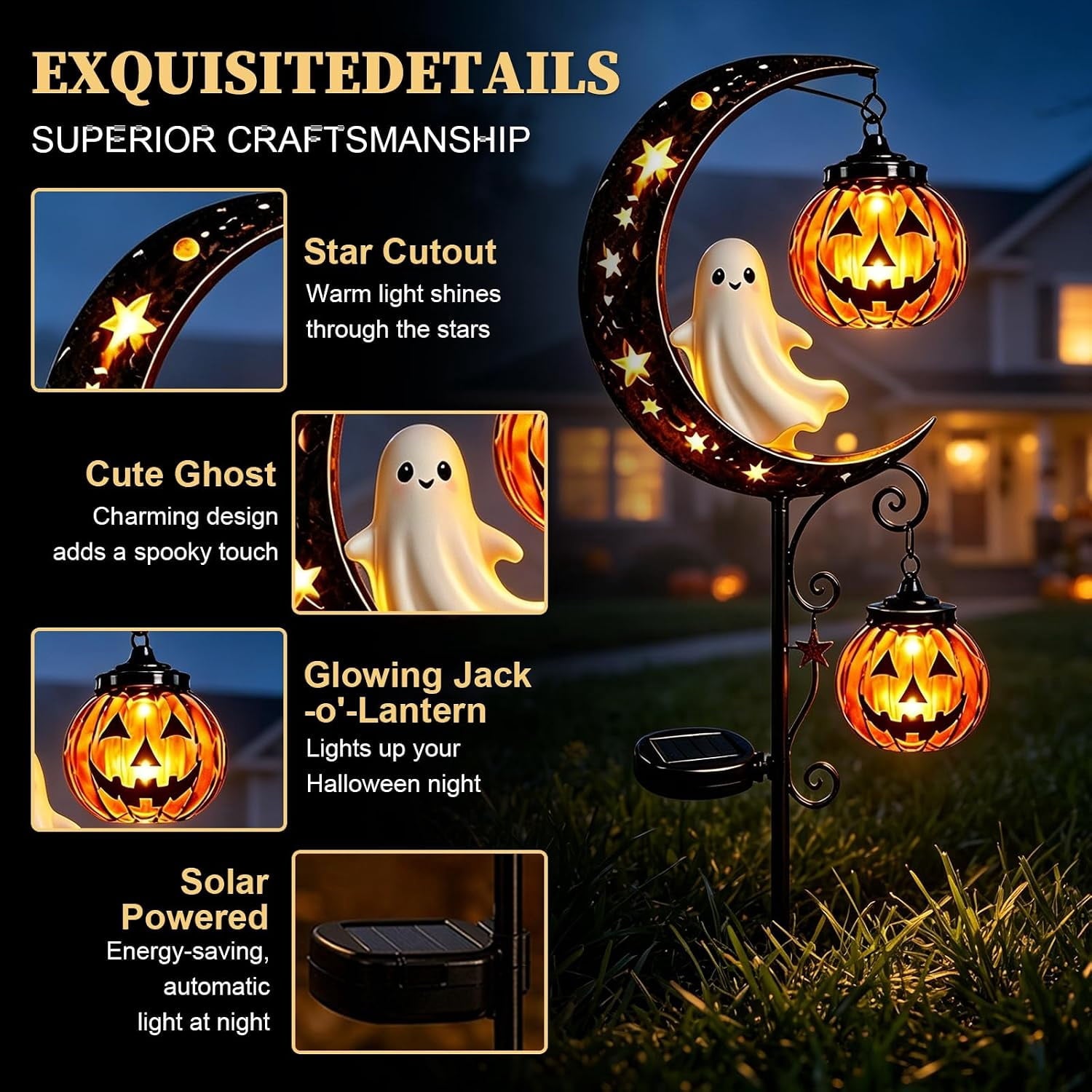 Solar Halloween Black Cat & Pumpkin Moon Garden Stake Light | Waterproof Metal Black Cat Yard Ornament, Auto On Off Solar Outdoor Light, Fall Halloween Decor Stake for Lawn Patio Pathway
