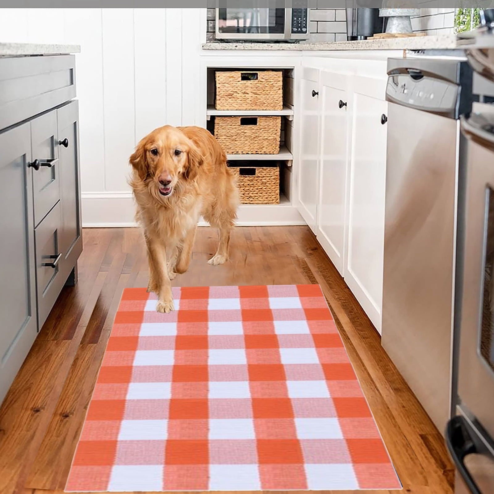 Fnochy Halloween Door Mat Outdoor 23.6"x35.4", Fall Decor Buffalo Plaid Outdoor Rug, Farmhouse Checkered Layered Welcome Door Mat for Entryway, Halloween Front Porch Decor, Orange and White