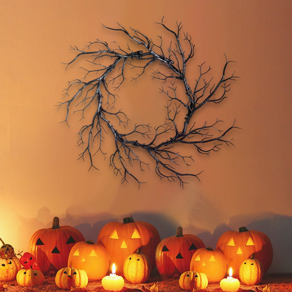 WWC Halloween Wreath, 18 inch Black Bats and Bare Branch Wreath, Gothic Halloween Decor Twig Wreath for Halloween Party Front Door Porch and Fireplace