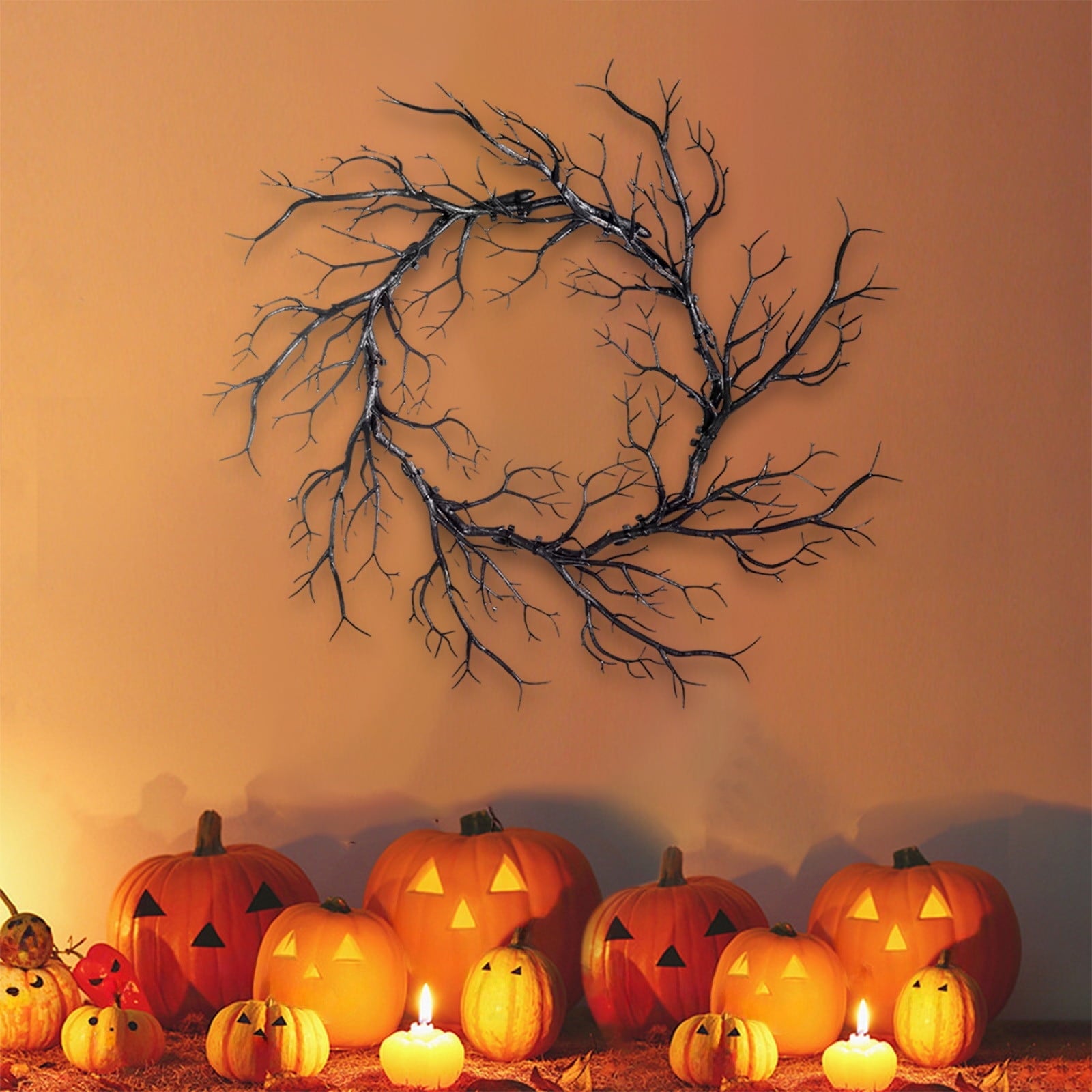 WWC Halloween Wreath, 18 inch Black Bats and Bare Branch Wreath, Gothic Halloween Decor Twig Wreath for Halloween Party Front Door Porch and Fireplace