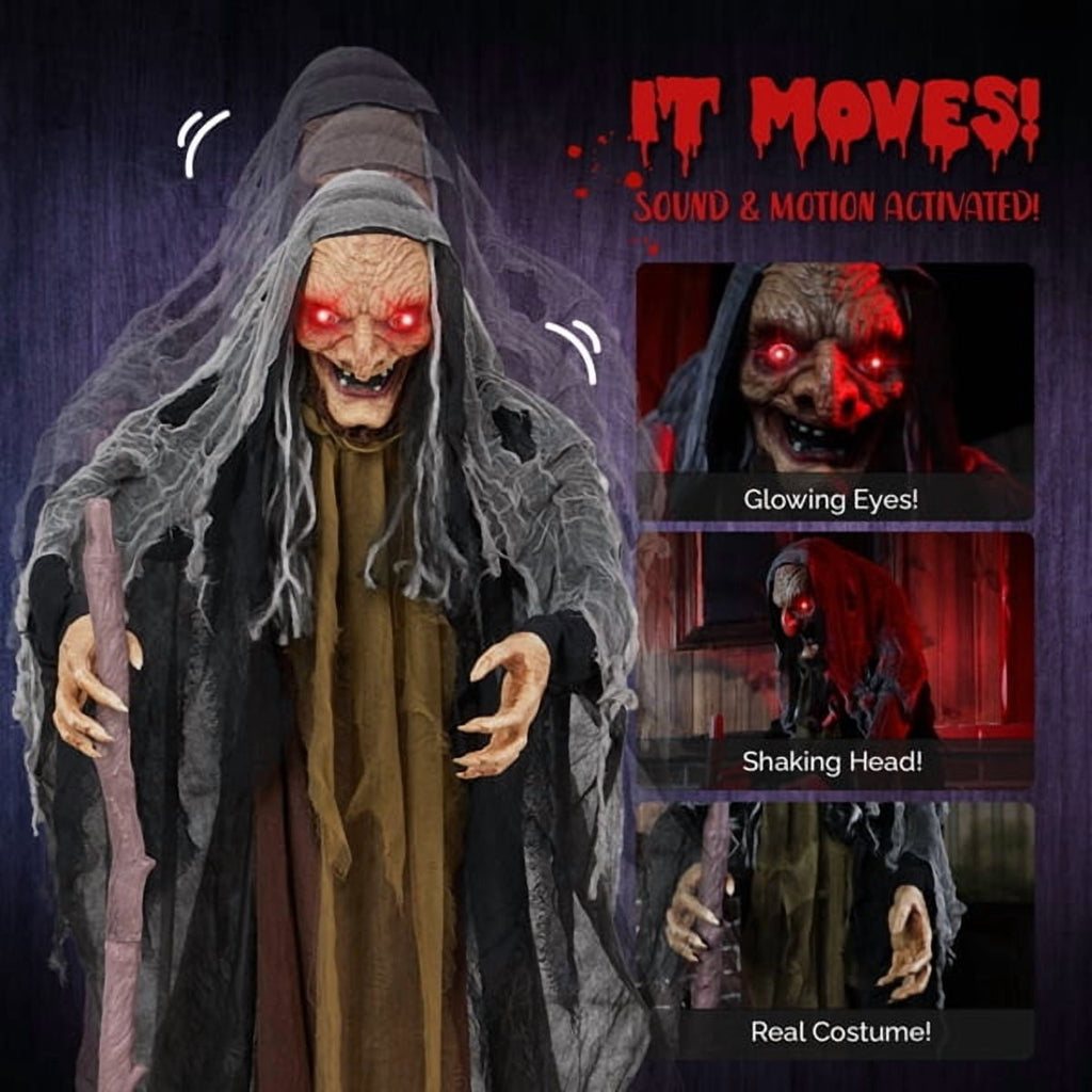 Alvantor Halloween Animated Decorations - 5.3 FT Sensor-Activated Animatronic Witch with Staff, LED Eyes and Swaying Motion