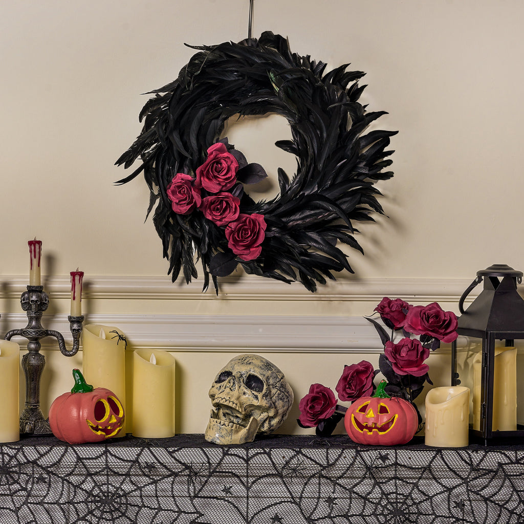 Joyfy Black Feathers Halloween Wreath for Front Door, 13.5" Wreath for Door Window Porch Thanksgiving Halloween Decor, Spooky Scene Party Favors, Halloween Photo Props,Indoor Outdoor Party De