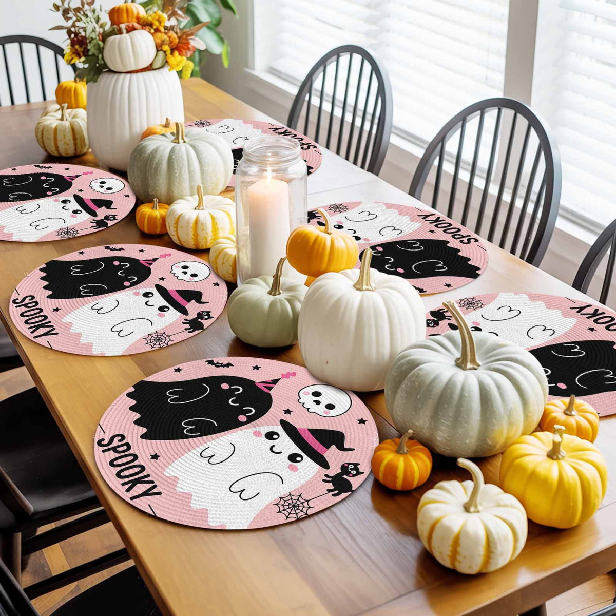 Halloween Round Placemats Set of 4 Cute Ghost Place Mats Washable Woven Placemat Spooky Skull Bat Cat Pumpkin Pink Circle Braided Table Mat for Kitchen Dining Table Holiday Party Home Decor 15 Inch
