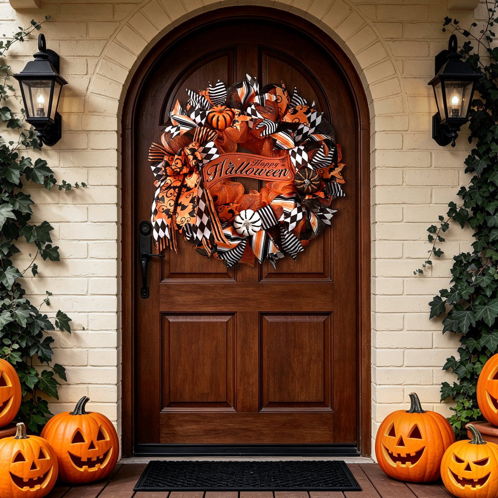 Yastouay 20" Halloween Wreath for Front Door Orange Black Mesh Wreath with Pumpkins "Happy Halloween" Fall Harvest Decor for Party