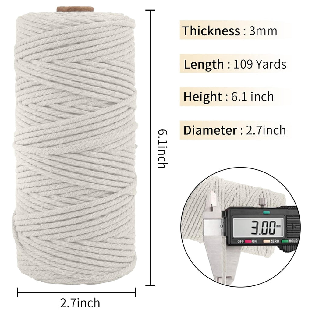 Beige 3mm Macrame Cord, 110 Yards Natural Cotton Cord, Macrame Rope Yarn for DIY Crafts, Wall Hangers, Plant Holders, Knitting, Wedding Decor (1 Roll)