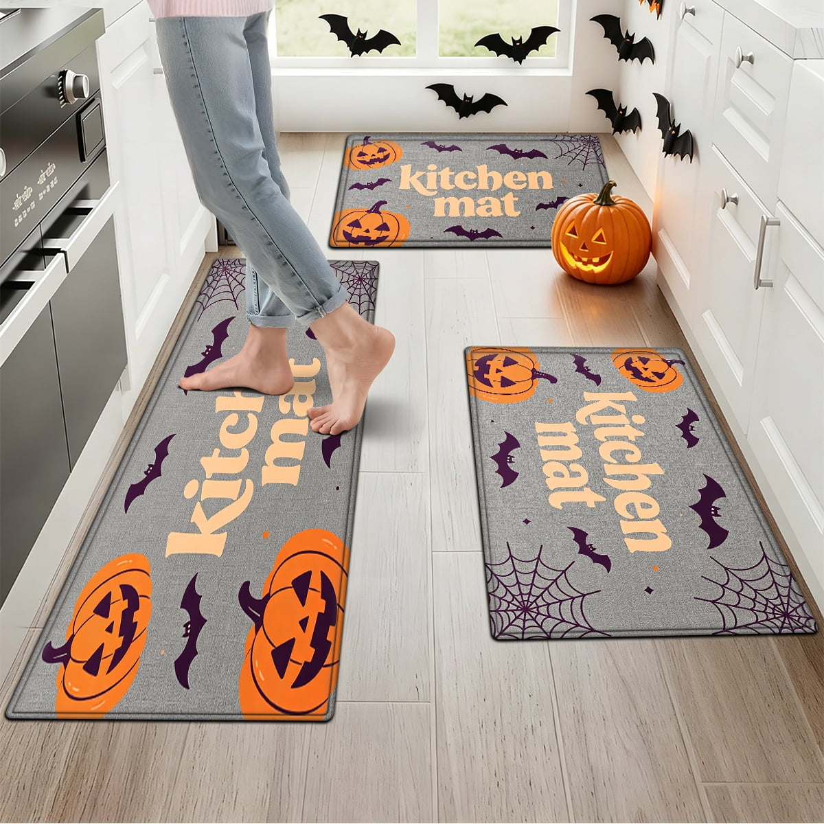 YIMEIS Halloween Pumpkin Lanterns 3Pcs Flannel Mat and Kitchen Rugs Set,Soft Non-slip,Perfect for Home Bathroom