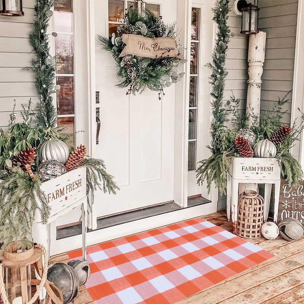 Fnochy Halloween Door Mat Outdoor 23.6"x35.4", Fall Decor Buffalo Plaid Outdoor Rug, Farmhouse Checkered Layered Welcome Door Mat for Entryway, Halloween Front Porch Decor, Orange and White