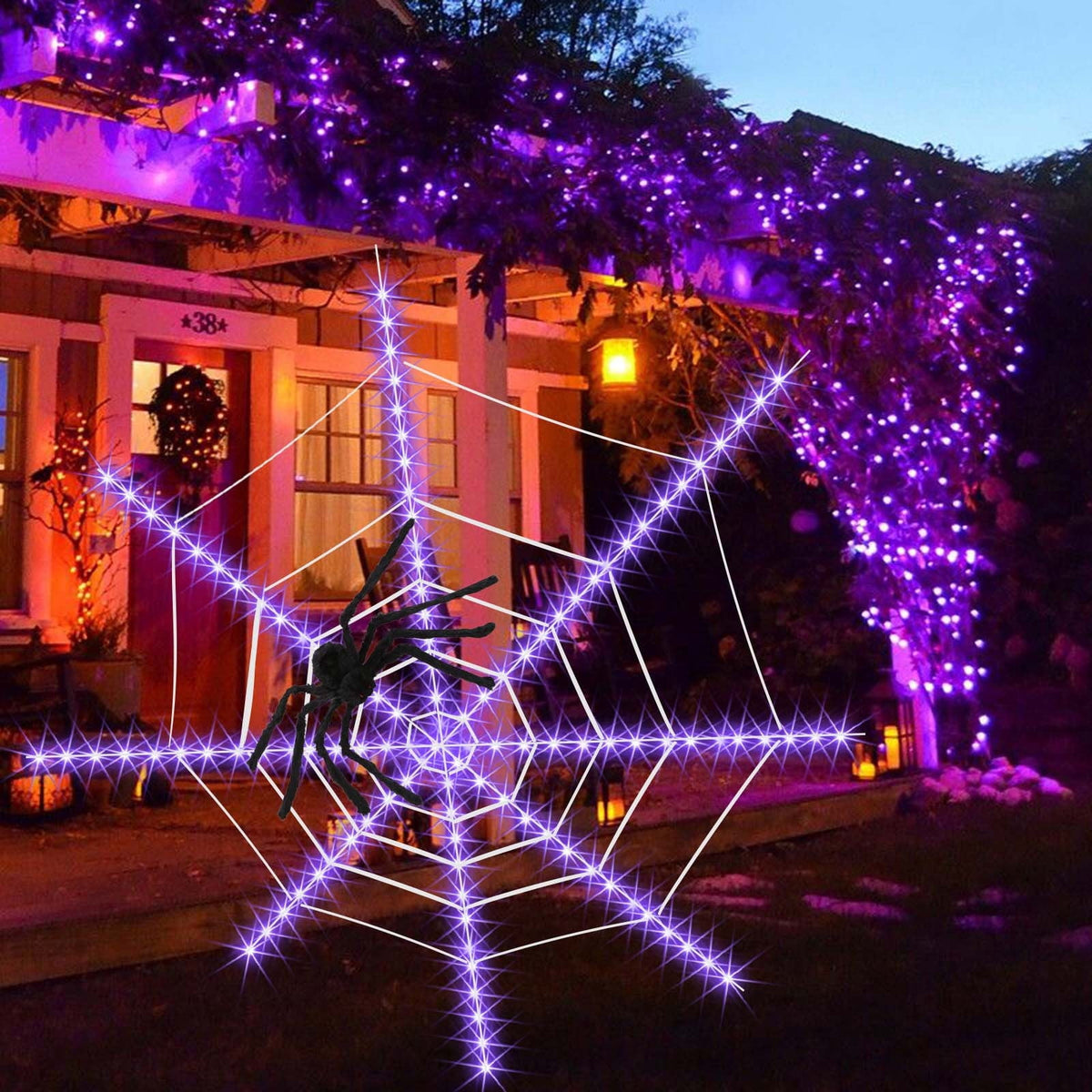 Loyerfyivos Spider Webs Halloween Decorations Lights, 2024 12ft Halloween Spider Web Lights with 1 Spider, 8 Modes, Waterproof & Timer, Perfect Outdoor Yard Halloween Decorations - Purple