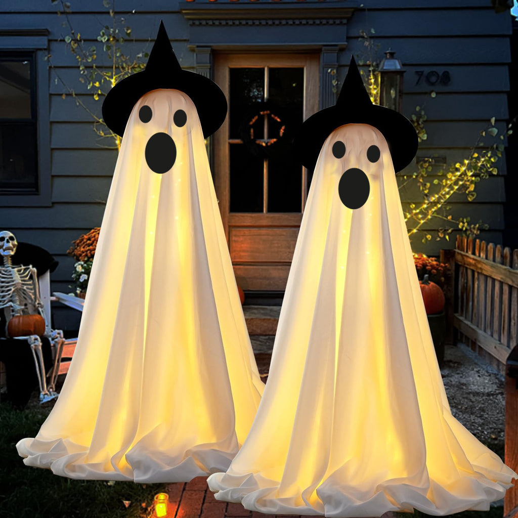 2Pcs Halloween Decorations Outdoor Ghost, DIY Ghost Kit Decor with Witch Hat Remote Control String Lights Halloween Decorations Indoor Halloween Ghost Lights for Porches Yards Gardens Lawn