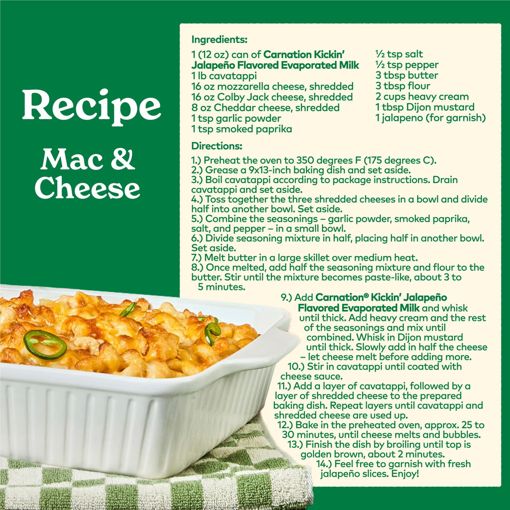 Nestle Carnation Kickin' Jalapeno Flavored Evaporated Milk for Macaroni and Cheese, Shelf Stable Milk, NET 12 fl oz (354 mL)