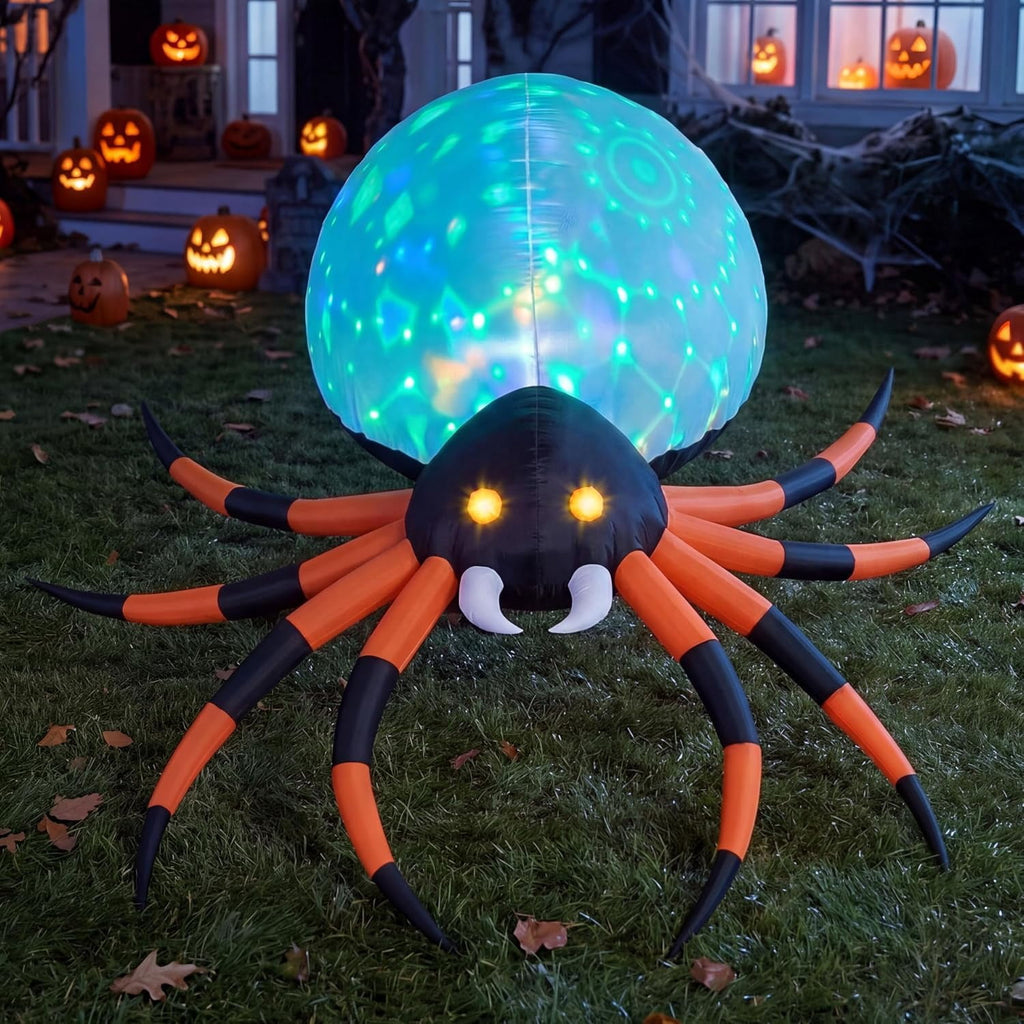 Joyfy 8 FT Halloween Inflatables Spider with Rotating Colorful Light,Light Up Spider with Orange Eyes Halloween Blow up Yard Decorations,Outdoor Halloween Decor