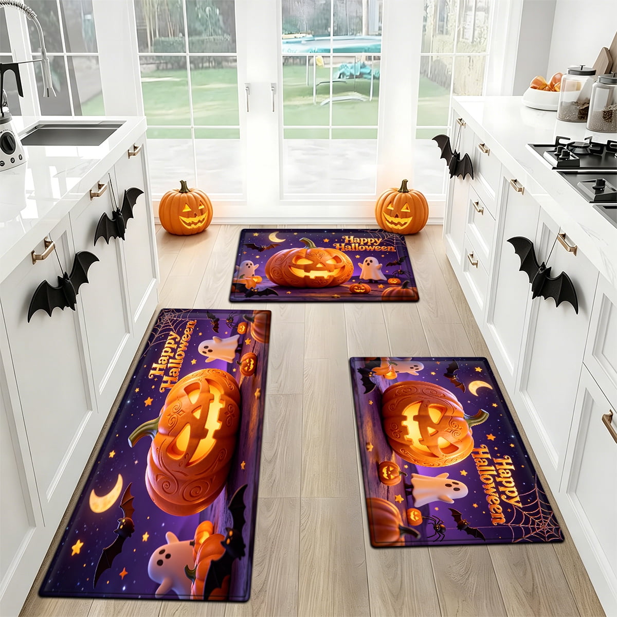 YIMEIS Halloween Pumpkin Lantern 3Pcs Flannel Mat & Kitchen Rugs Set,16''×24'' 20''×30'' 17''×47'' Inches,Soft Non-slip for Home Bathroom