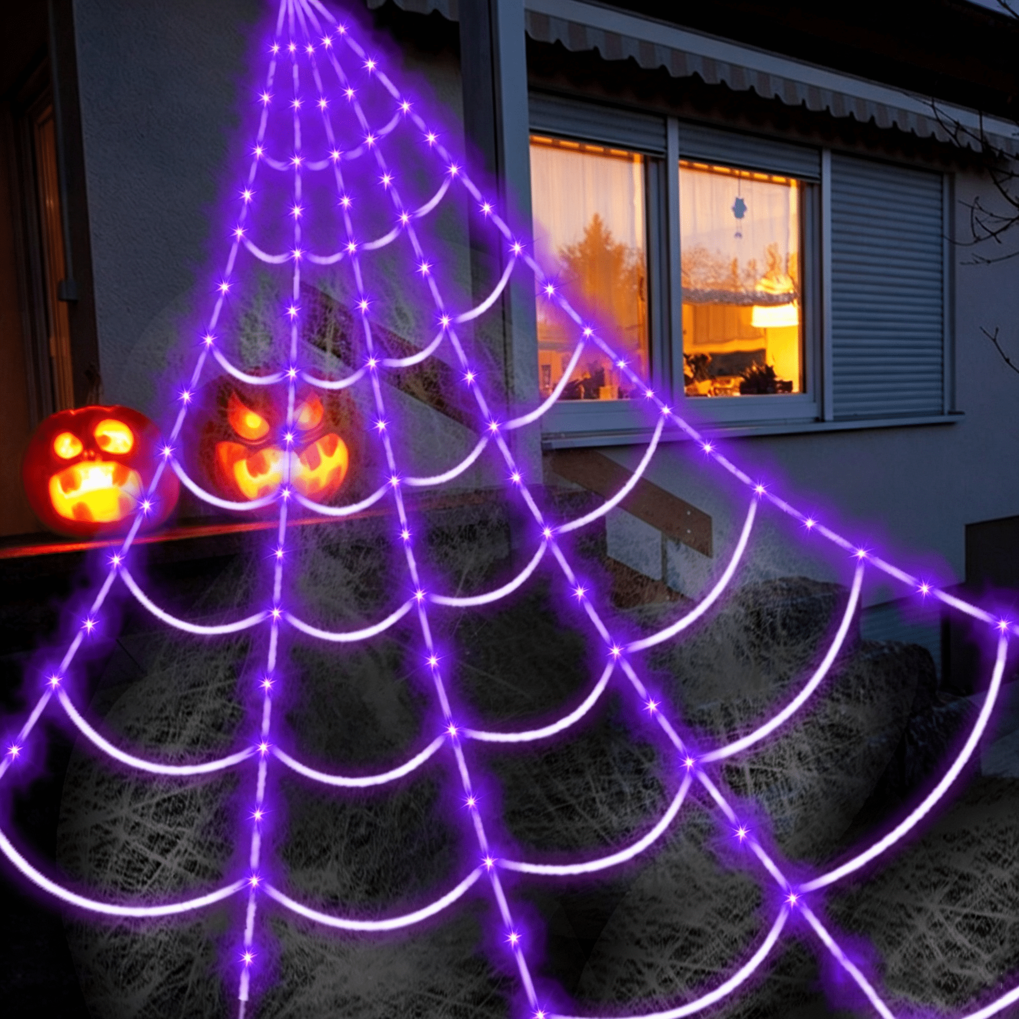 Halloween Decorations Spider Web Lights,4FT Diameter 70 LED with Black Spider, Waterproof Net Lights, Remote Control, 8 Modes Cobweb Halloween Decorations for House Garden Indoor Outdoor (Purple)