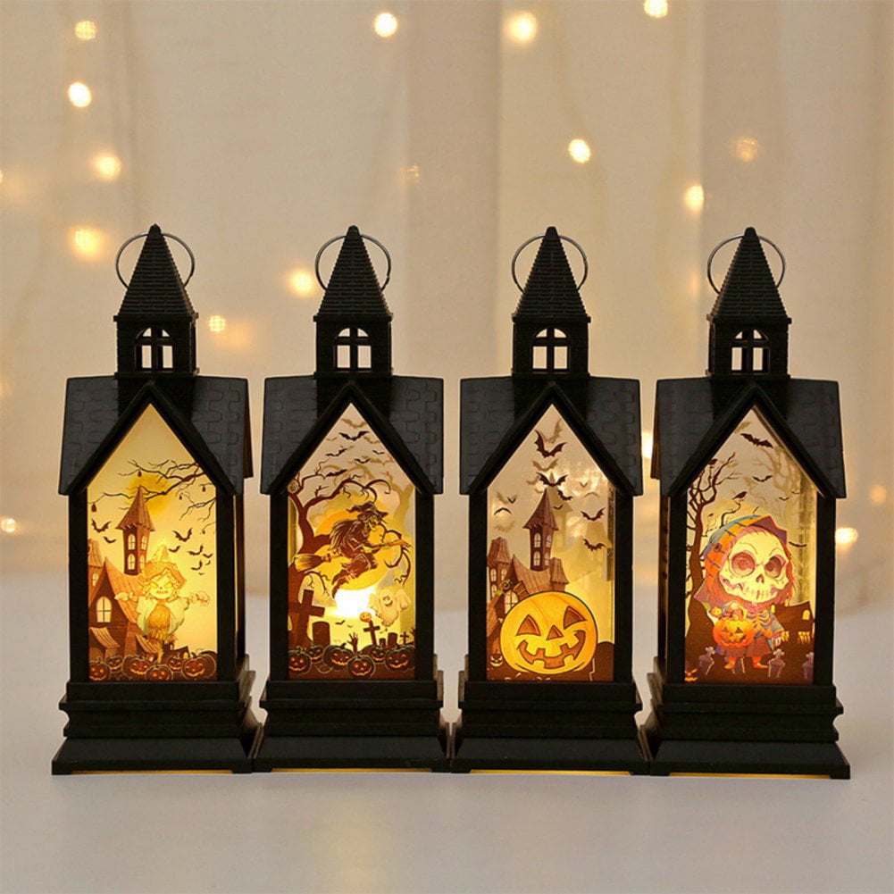 4 Pack Halloween Lanterns Portable Orange Candle LED Halloween Lamp Lights, Spooky Skeleton Owl Bat Castle Flame Lights Decorative Hanging Lanterns for Indoor Outdoor Home Party Porch House Bar