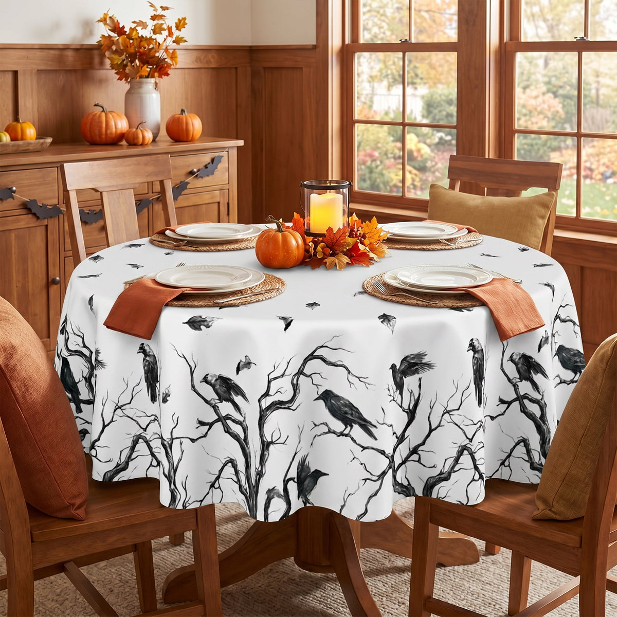 Sm:)e Crow Haunted Tree Halloween Tablecloth 60x84 Inch, Machine Washable Table Cover for Dinner/Party Decoration/Holiday
