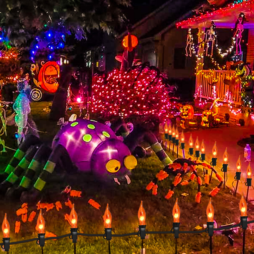Halloween Lights Flickering Flame String Lights with 12 Pack C7 Orange Flame Light Bulbs (2 Spare), 12.8Ft Orange Flame String Lights for Indoor Outdoor Home Party Yard Halloween Decorations