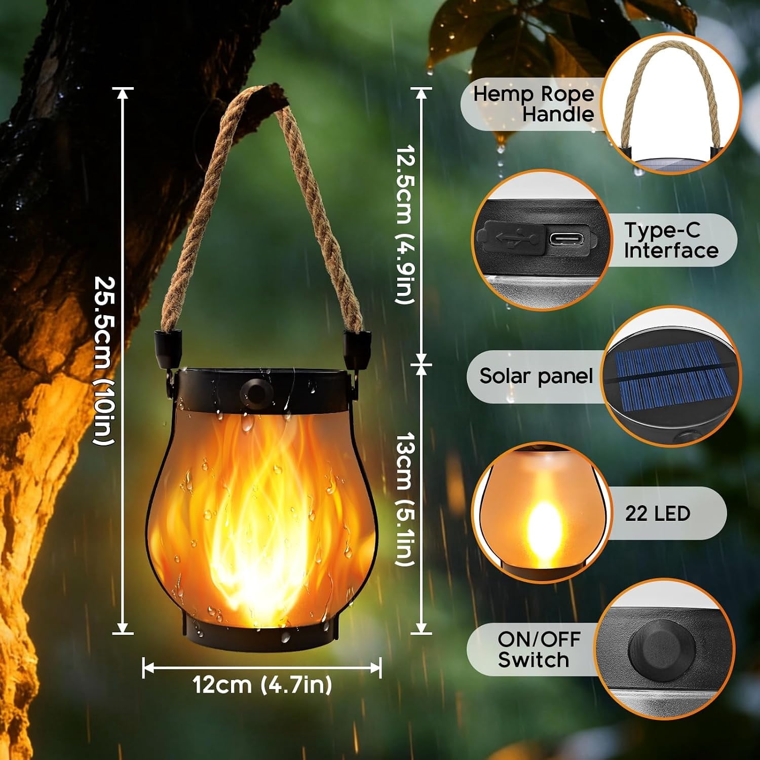 Gkcity Solar Lanterns Outdoor with Ultra-Real Flame, Dual Charging (USB/Solar) & 2 Modes - Waterproof Decorative Hanging/Table Lights for Yard Patio Garden Gift Halloween Easter Decoration, 1 Pack