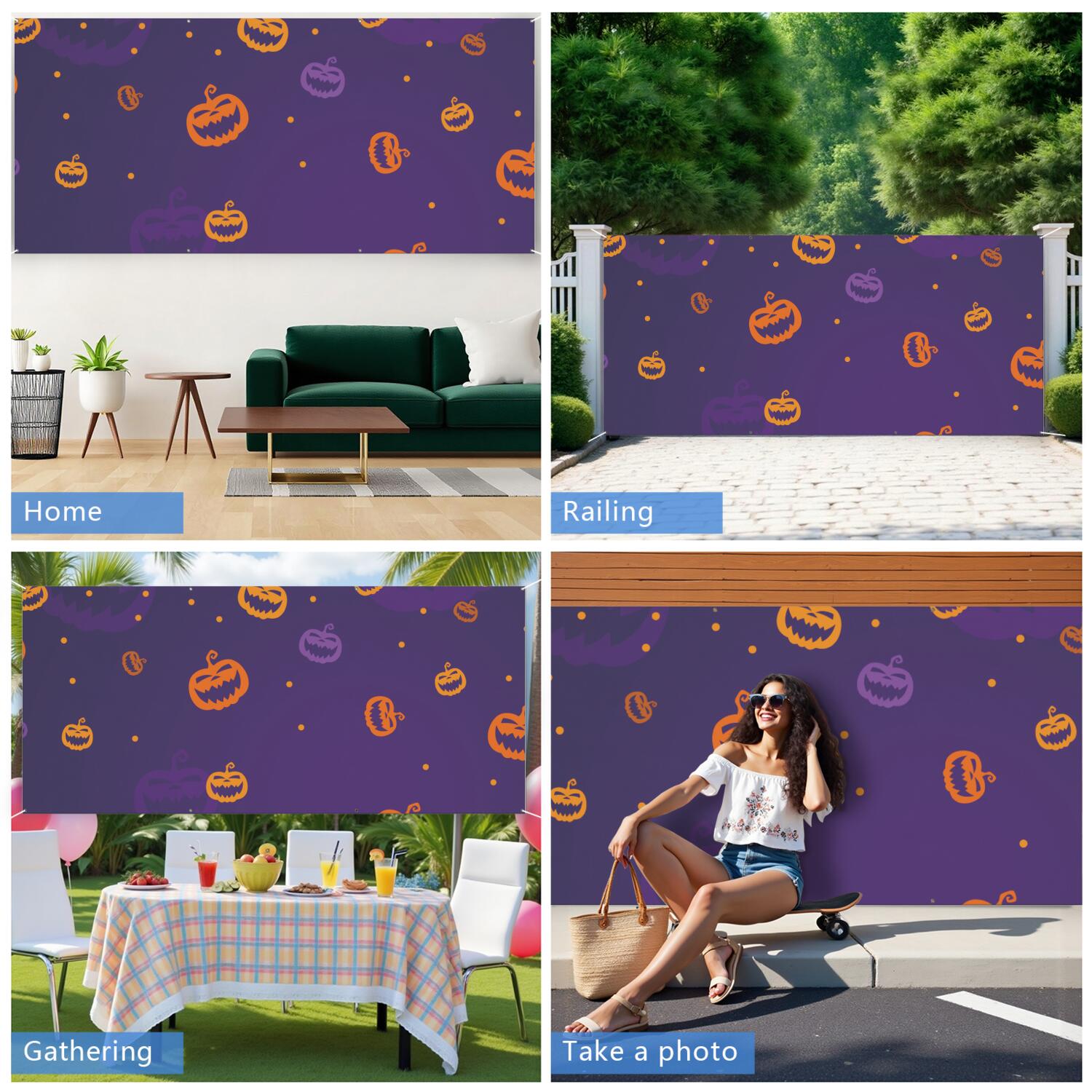 Halloween Garage Door Cover - 13x6ft Spooky Ghost Pumpkin Skull Witch Black Cat Polyester Backdrop for Outdoor Decor