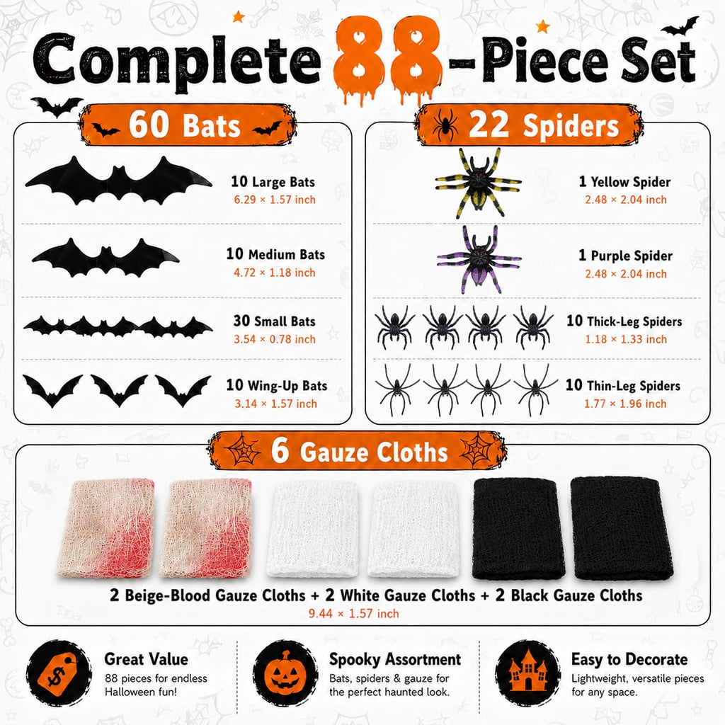 Halloween Creepy Cloth Halloween Gauz Scary Decoration with Bats Spiders Fabric Hanging Spooky Stuff for Indoor Outdoor Home Wall Haunted House Party Supplies 88Pcs Set 1