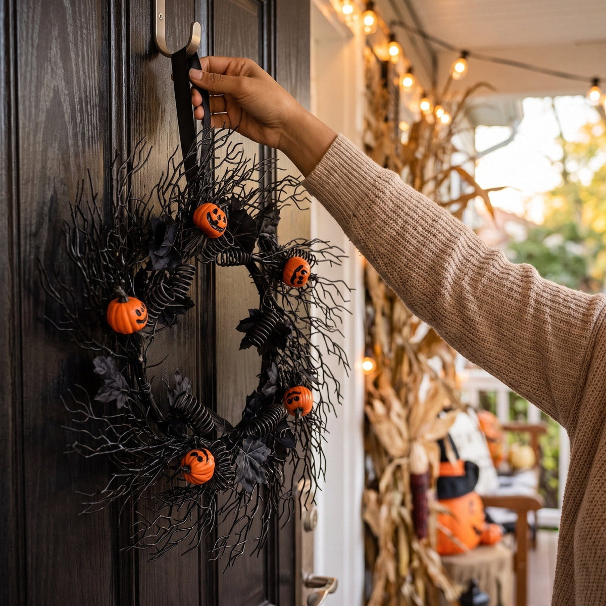 WWC Halloween Wreath, 18 inch Black Bats and Bare Branch Wreath, Gothic Halloween Decor Twig Wreath for Halloween Party Front Door Porch and Fireplace