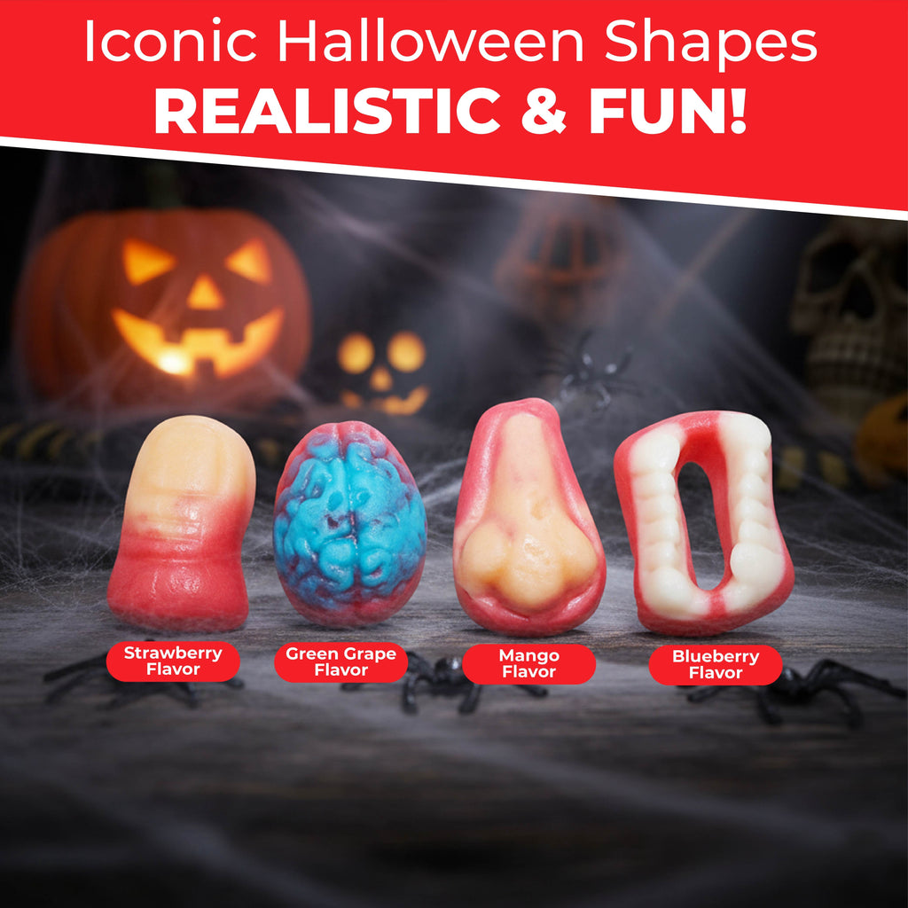 Fusion Select 8 Oz Individually Wrapped Gummy Body Parts Candy - Halloween Gummies & Trick or Treat Candy for Party & Goodie Bags - Spooky Assortment of Brain, Teeth, Fingers & Nose Candies