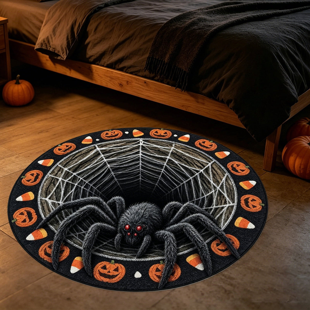 3D Optical Illusion Halloween Round Doormat,Vortex Tunnel Optical Illusion Printing Design,Giant Furry Red-Eyed Black Spider and White Spider Web,24"