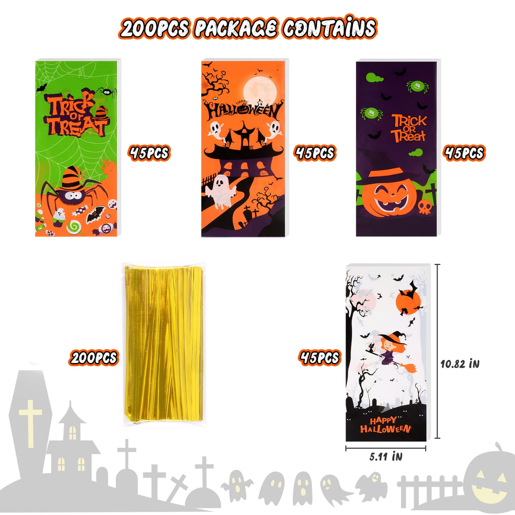 Qoosea 200 Pcs Halloween Treat Bags Halloween Cellophane Candy Bags Spider Web Bat Ghost Pumpkin Gift Bags with 200 Twist Ties Kids Party Candy Bags for Halloween Party Supplies