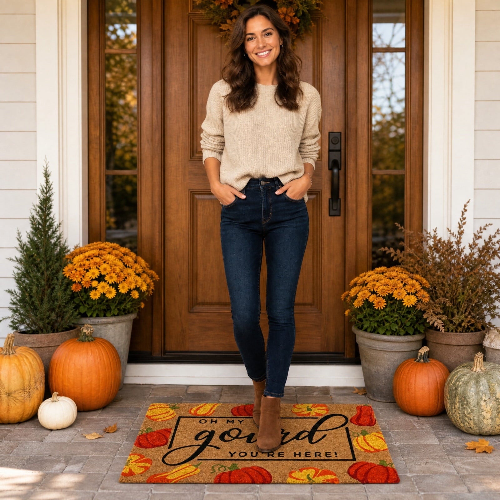 Fall Pumpkin Coir Doormat, Oh My Gourd Anti-Slip Front Door Mat Vintage Harvest Thanksgiving Halloween Entryway Floor Rug