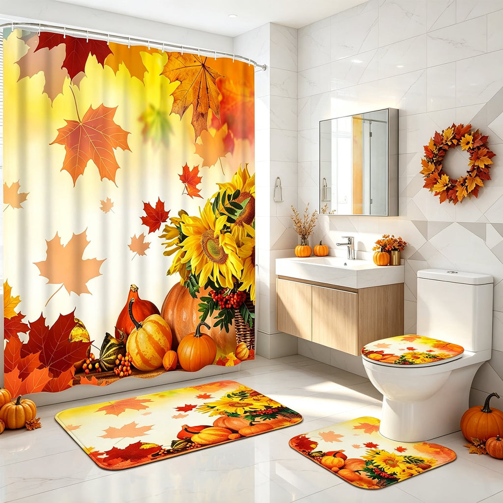 FRAMICS 16-Piece Fall Shower Curtain Sets with Rugs, Maple Leaves Pumpkin Bathroom Sets, Waterproof Fabric Bathroom Curtain Decor with Hooks