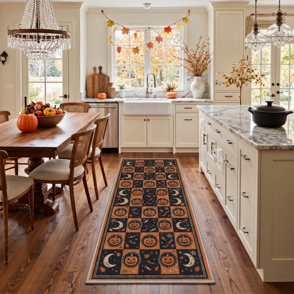 GENIMO 2'x7' Halloween Runner Rug, Washable Non Slip Soft Vintage Witch Indoor Outdoor Hallway Runner for Porch Patio Kitchen Entryway, Vintage Black