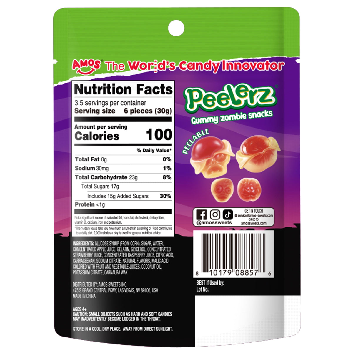 AMOS Peelerz Zombie Gummy Snacks, Allergen Free, 3.7 oz