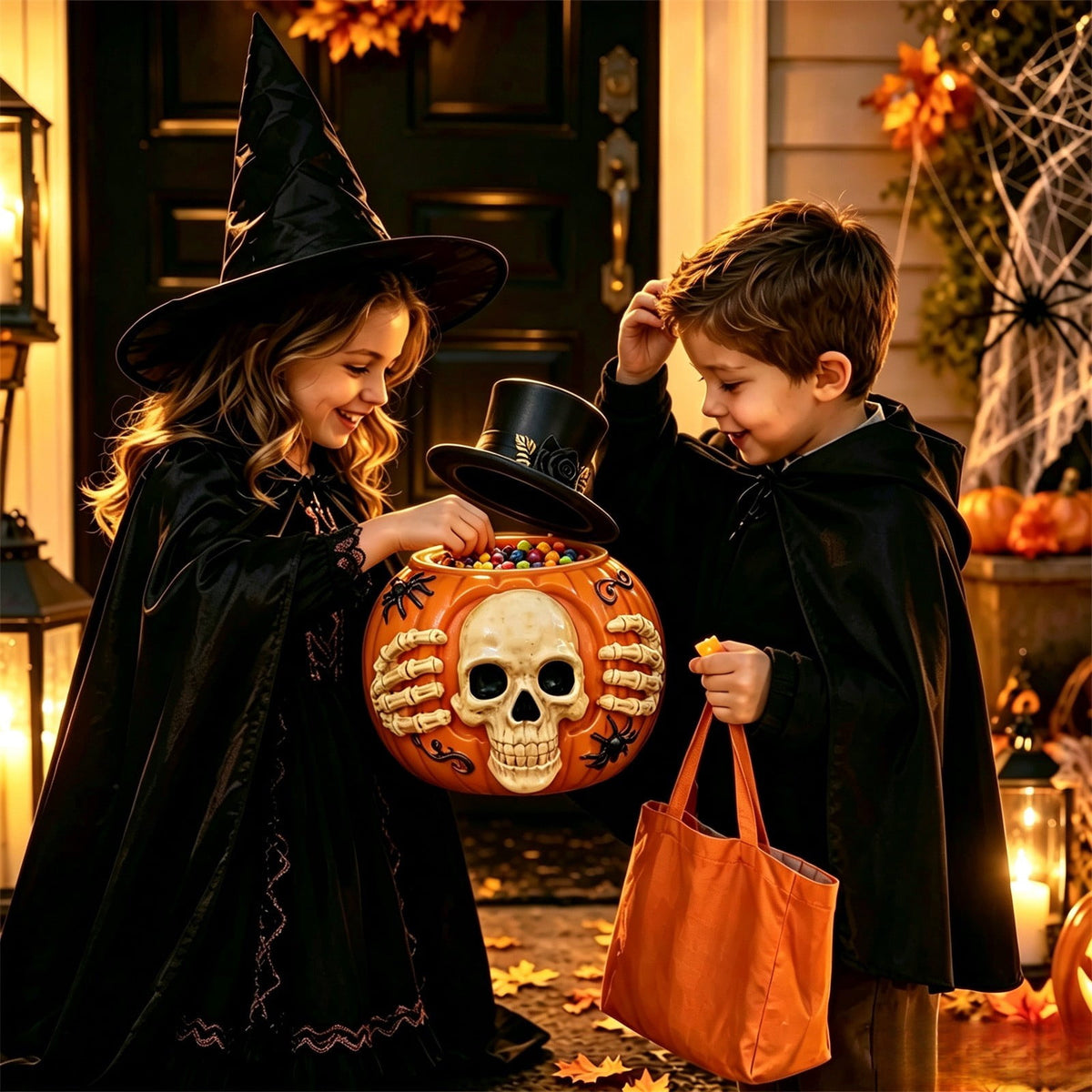 Diceymbol Halloween Pumpkin Snack Bowl Stand Collapsible Broomstick Candy Tray for Cupcakes & Desserts, Resin Serving Platter with Ceramic Pumpkin Bowls