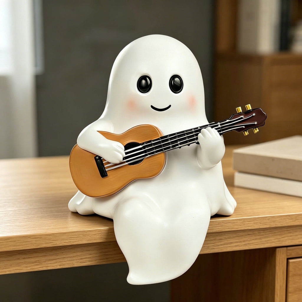 Clearance Ghost Night Light with Guitar USB Powered LED Lamp, Warm White Glow, Resin, Cute Kawaii Figurine, Bedroom Nightlight Gifts