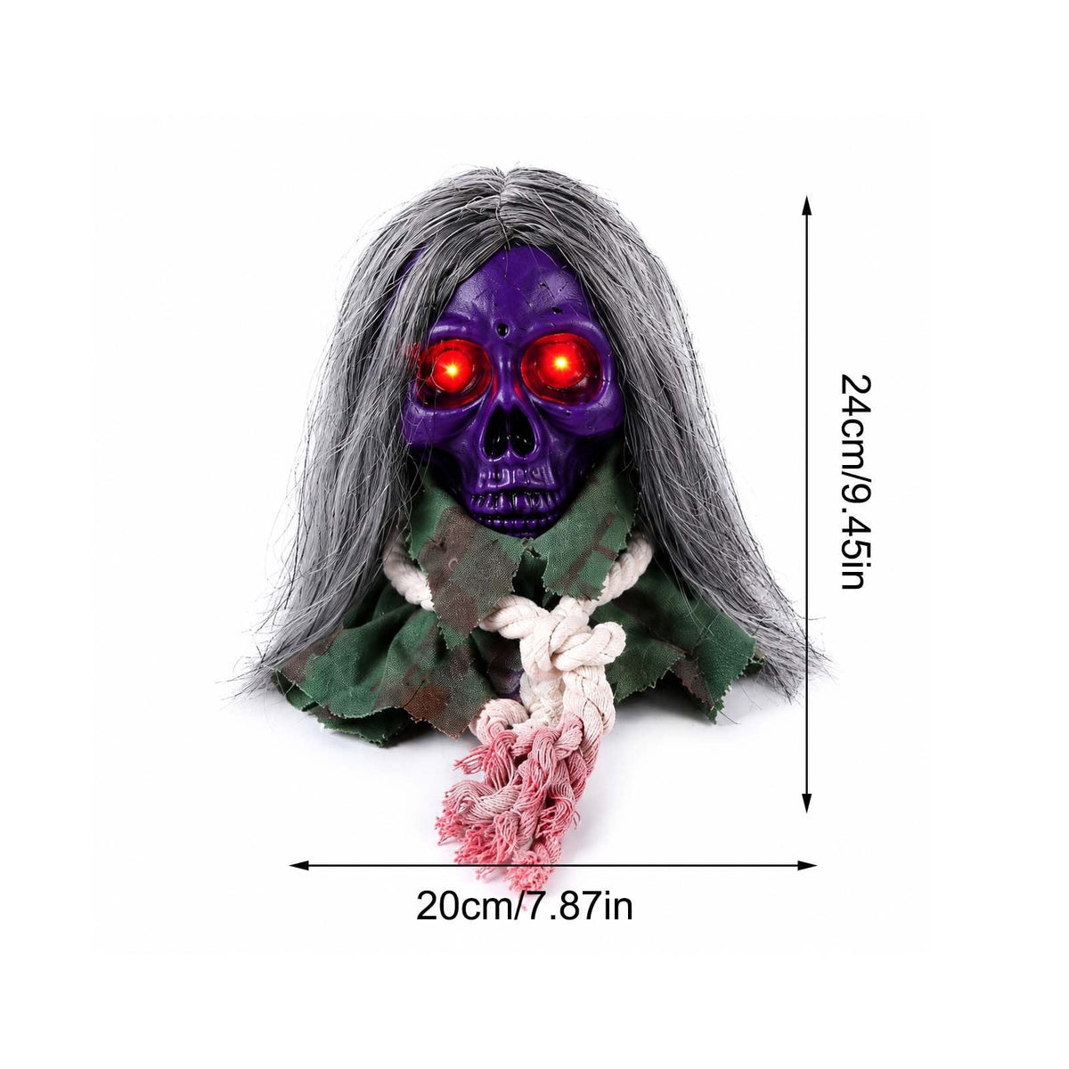 Moving Long Hair Hanging Skull Head Prop, Creepy Animated Halloween Skeleton Decor, Spooky Ornament for House, Party, Indoor Outdoor (Batteries Not Included)