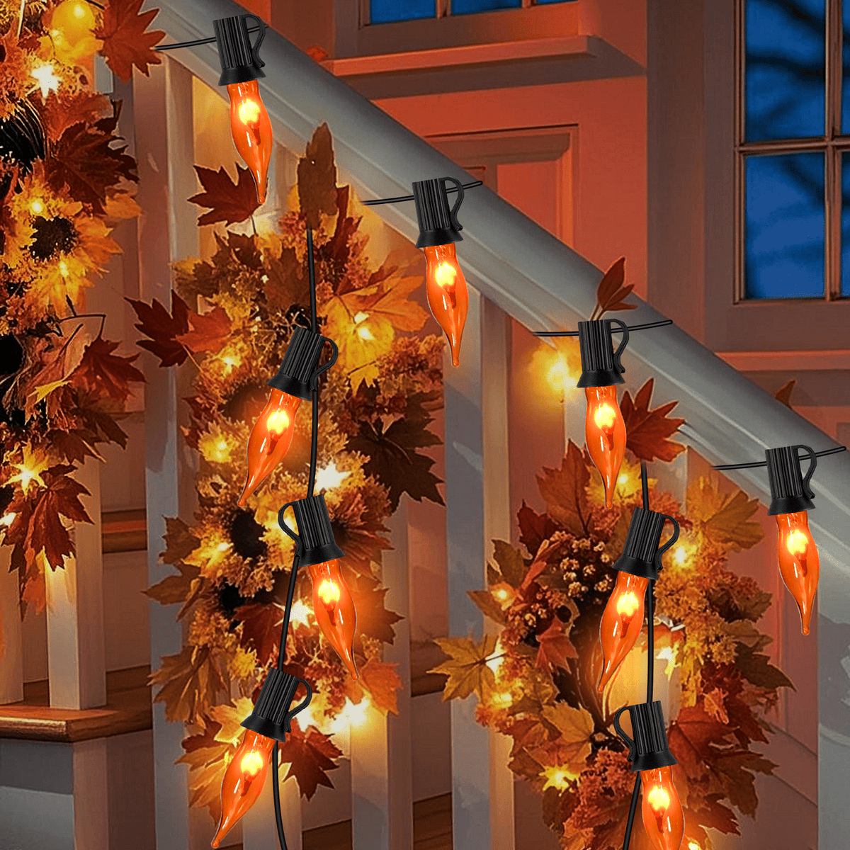12.8Ft Christmas Lights Flickering Flame String Lights with 12 Pack Clear C7 Flame Light Bulbs（2 Spare）, Great for Indoor Outdoor Home Patio Party Christmas Decorations Lights, 1W, E12 Base