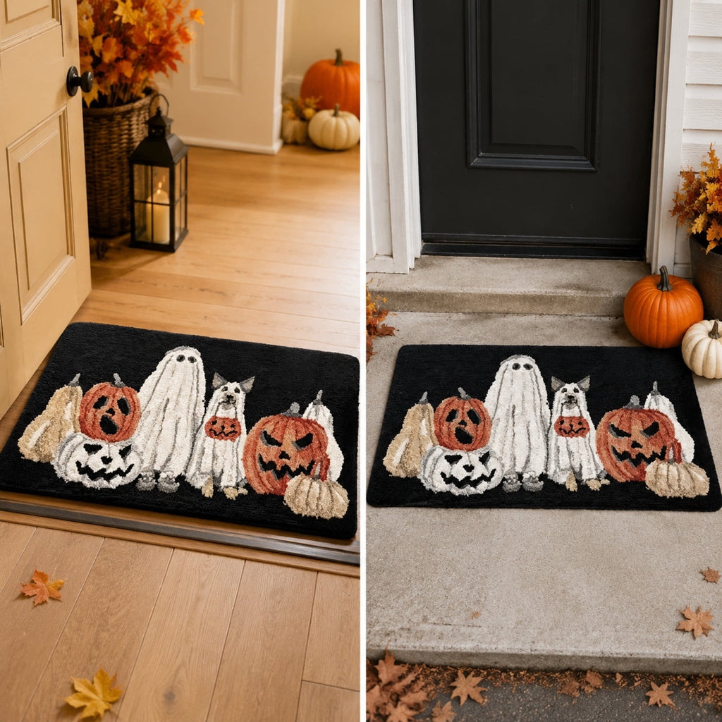 Halloween Ghost Dog Pumpkin Doormat,16x24 Inch Non-slip Black Front Door Rug,Spooky Fall Seasonal Entryway Floor Mat for Farmhouse Porch Holiday Decor