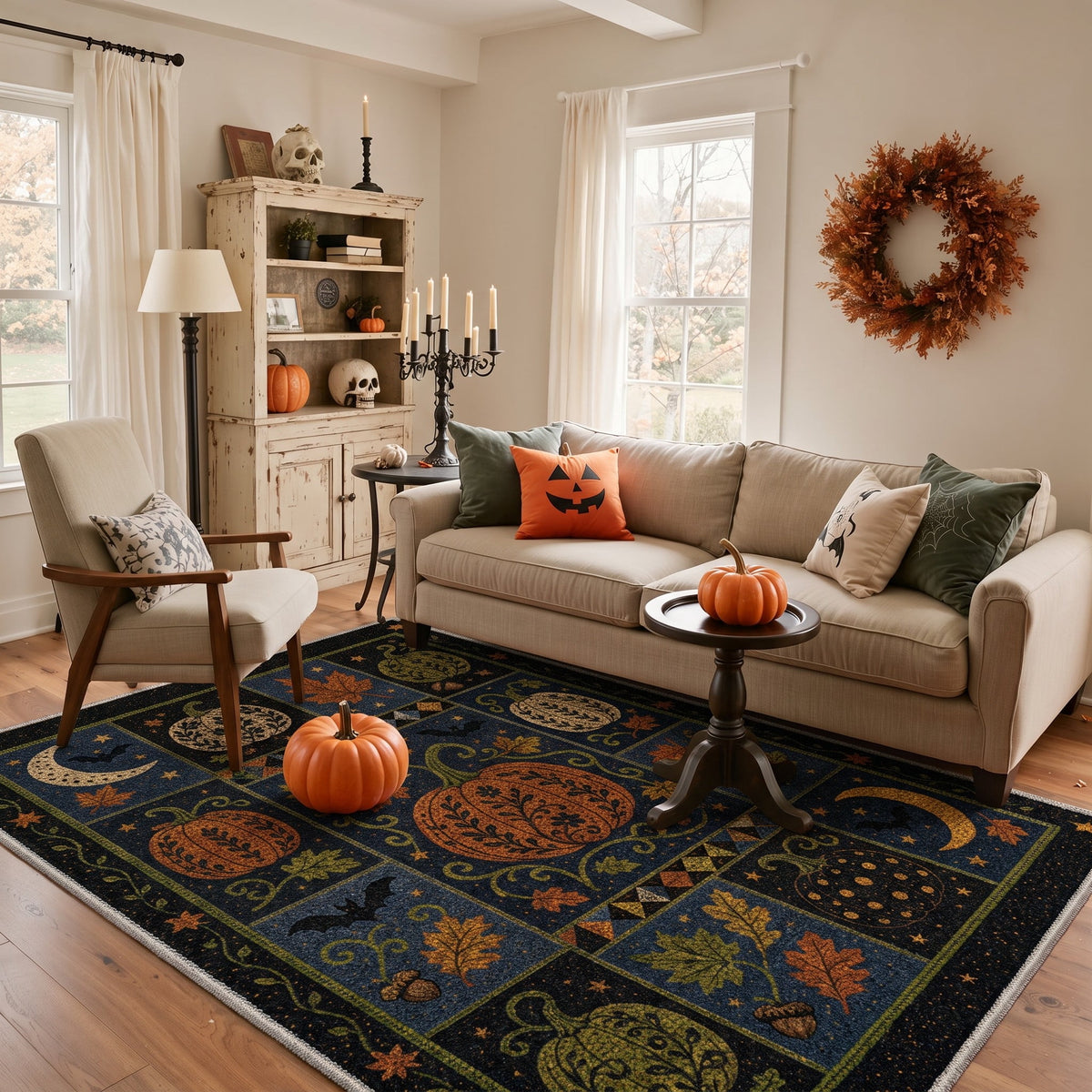 GENIMO 5'x7' Halloween Area Rug for Living Room, Washable Non Slip Soft Vintage Witch Indoor Rug for Bedroom Dining Room Home Office, Retro Sepia