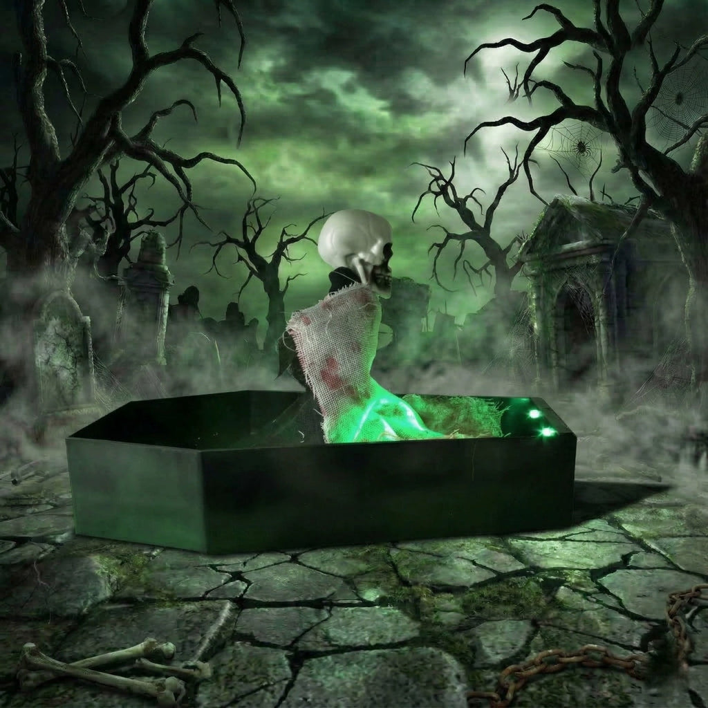 Voice Activated Animated Skeleton over Tombstone, Halloween Decorations Animatronic Coffin Skeleton Toys with Green Light, for Indoor or Covered Outdoor Use, Spooky Summerween Party Decor