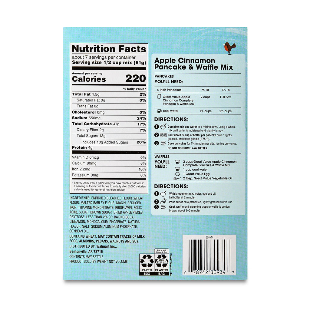 Great Value Apple Cinnamon Pancake & Waffle Mix, 16 oz Box