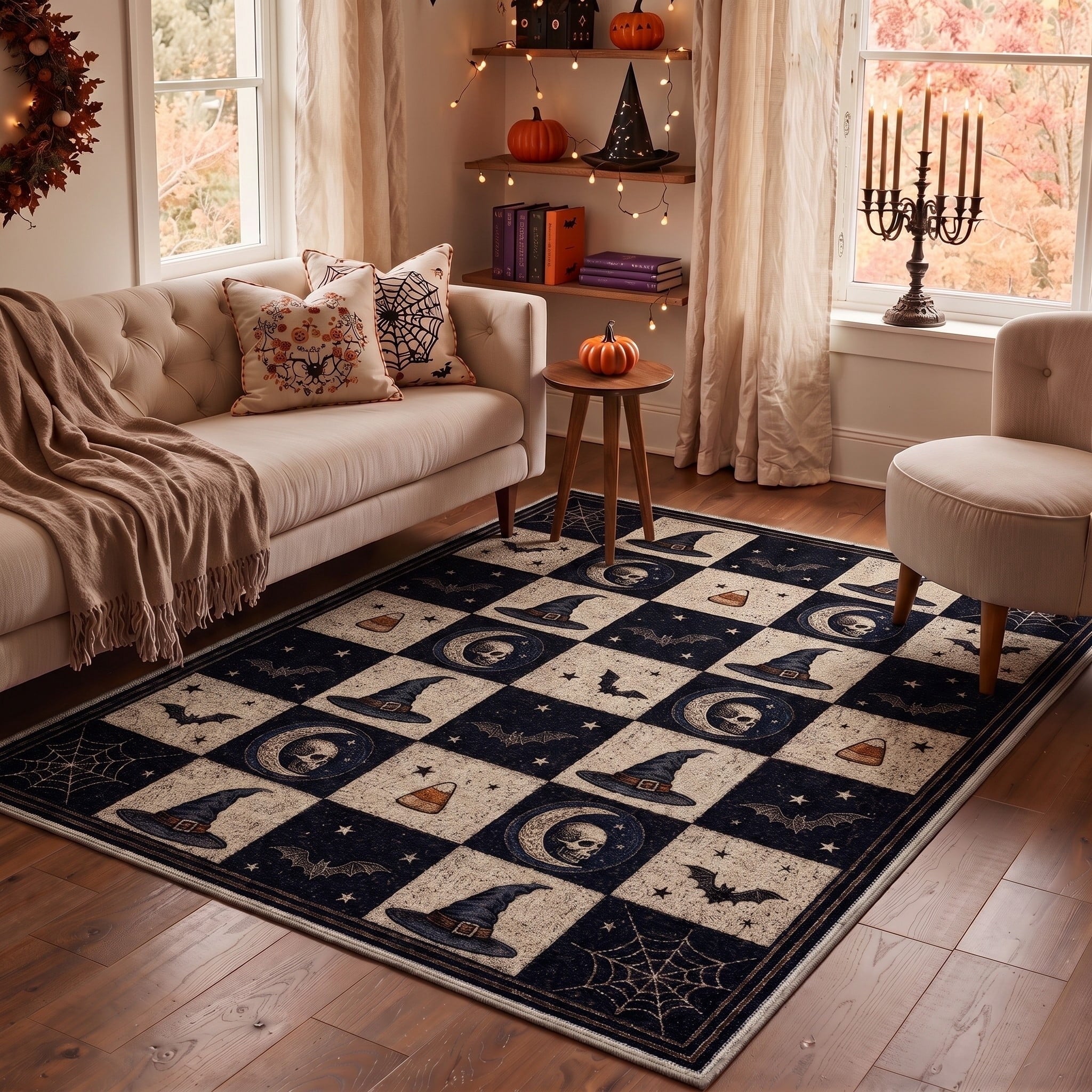 GENIMO 2'x7' Halloween Runner Rug, Washable Non Slip Soft Vintage Witch Indoor Outdoor Hallway Runner for Porch Patio Kitchen Entryway, Vintage Black