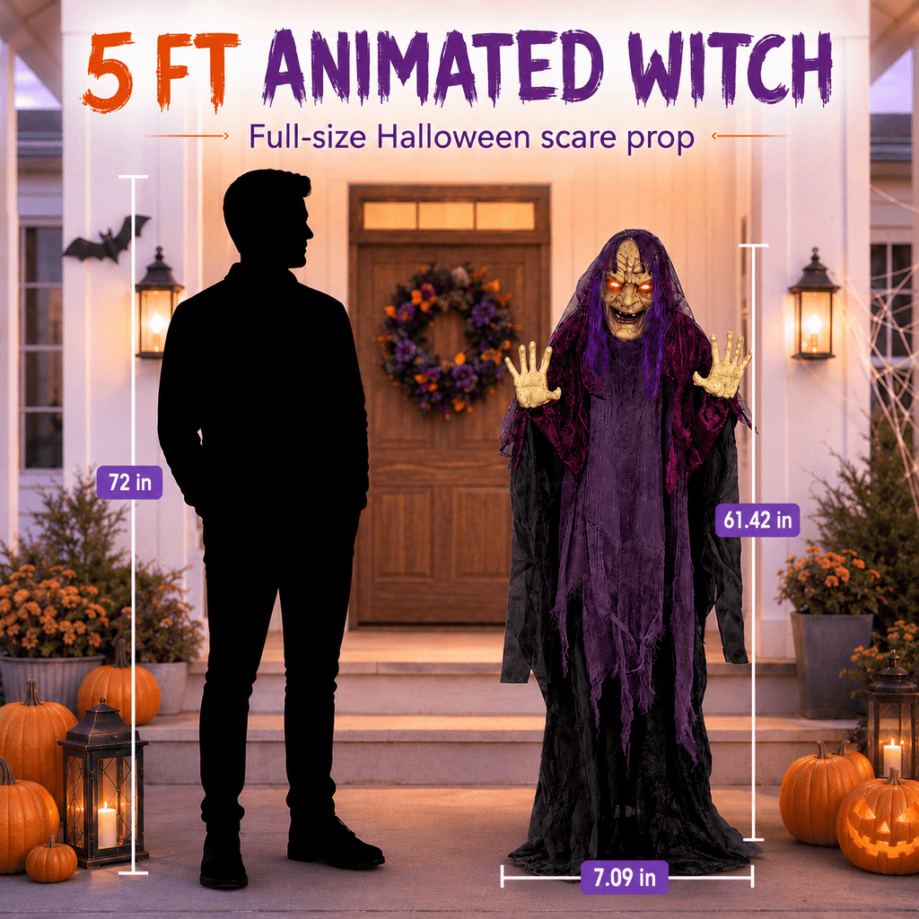 Romswi Halloween Decorations 5ft Standing Witch Animated with Light Up Eyes and Sound-Activated for Spooky Yard Garden Decor