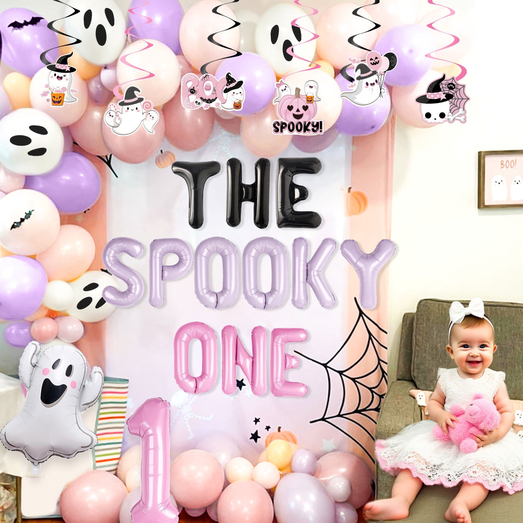Halloween Party Decorations Set - The Spooky One Theme with Pink Purple Balloons & Ghost Decor