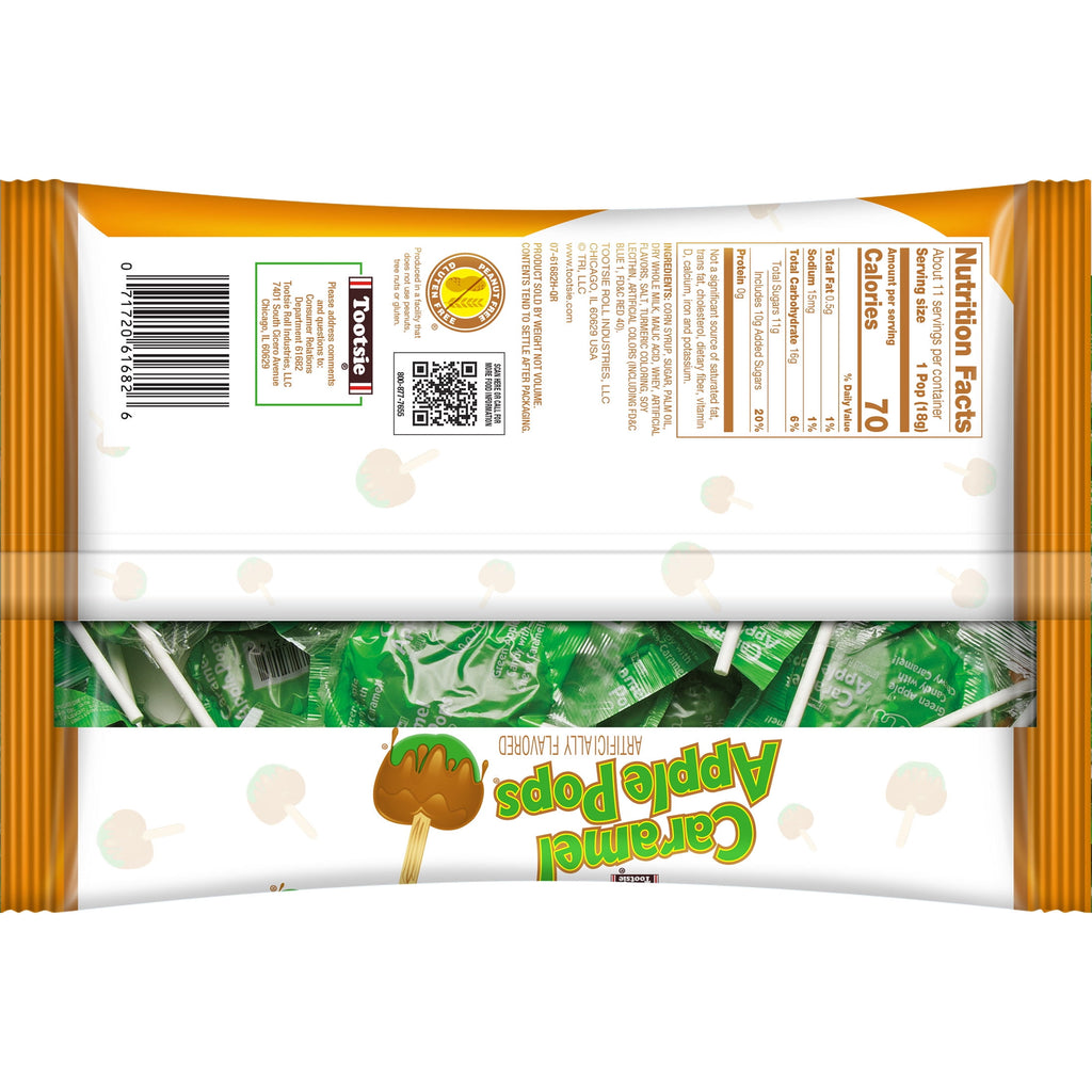 Tootsie Halloween Caramel Apple Lollipops, Individually Wrapped Green Apple Flavored, 6.82 oz. Gluten Free, Peanut-Free, Contains Milk & Soy.