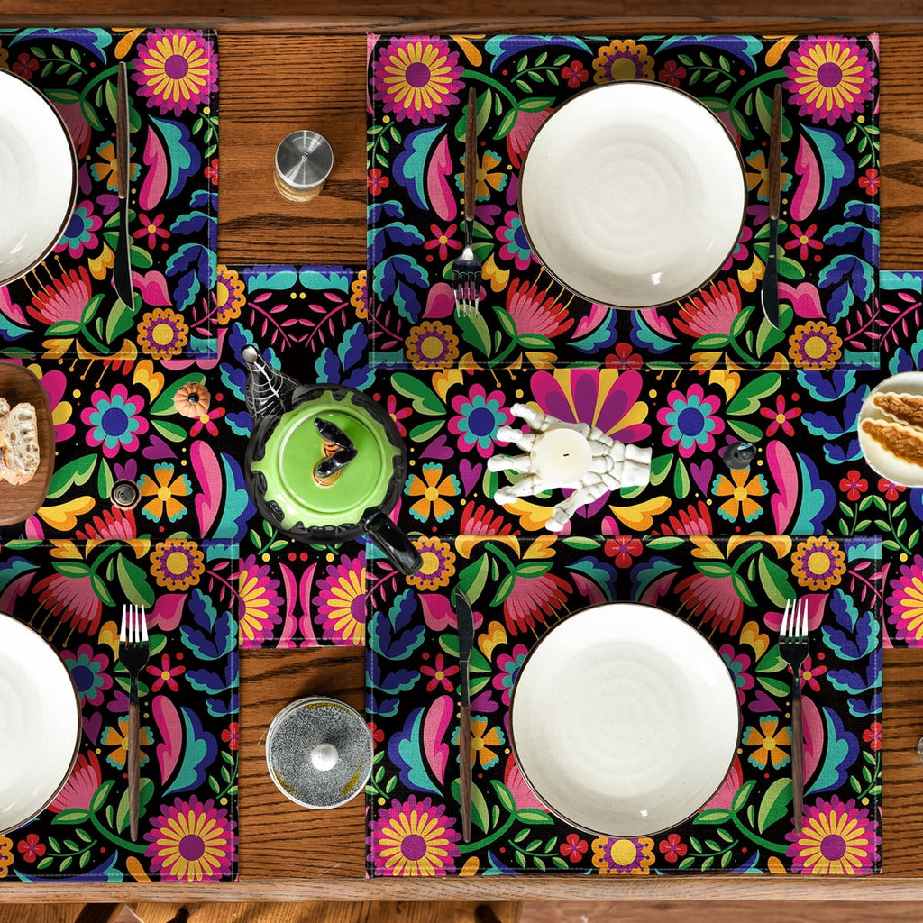 Sm:)e 13"x72" Black Floral Dia De Los Muertos Serape Table Runner, Polyester, Mexican Fiesta Design, Party Kitchen Dining Decoration