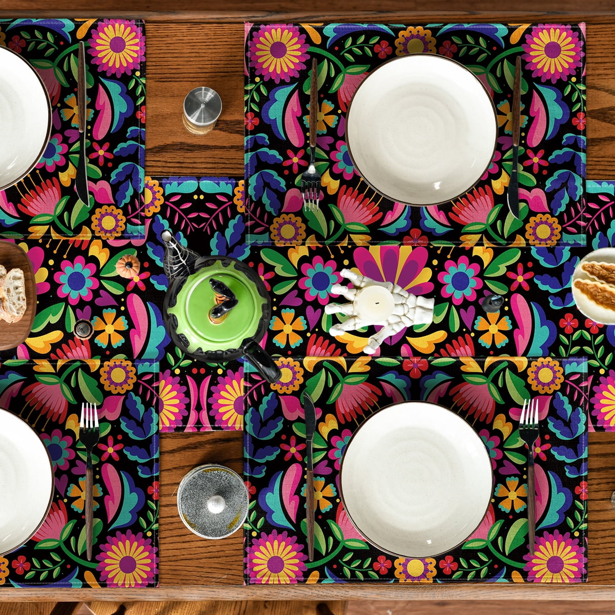 Sm:)e 13"x72" Black Floral Dia De Los Muertos Serape Table Runner, Polyester, Mexican Fiesta Design, Party Kitchen Dining Decoration