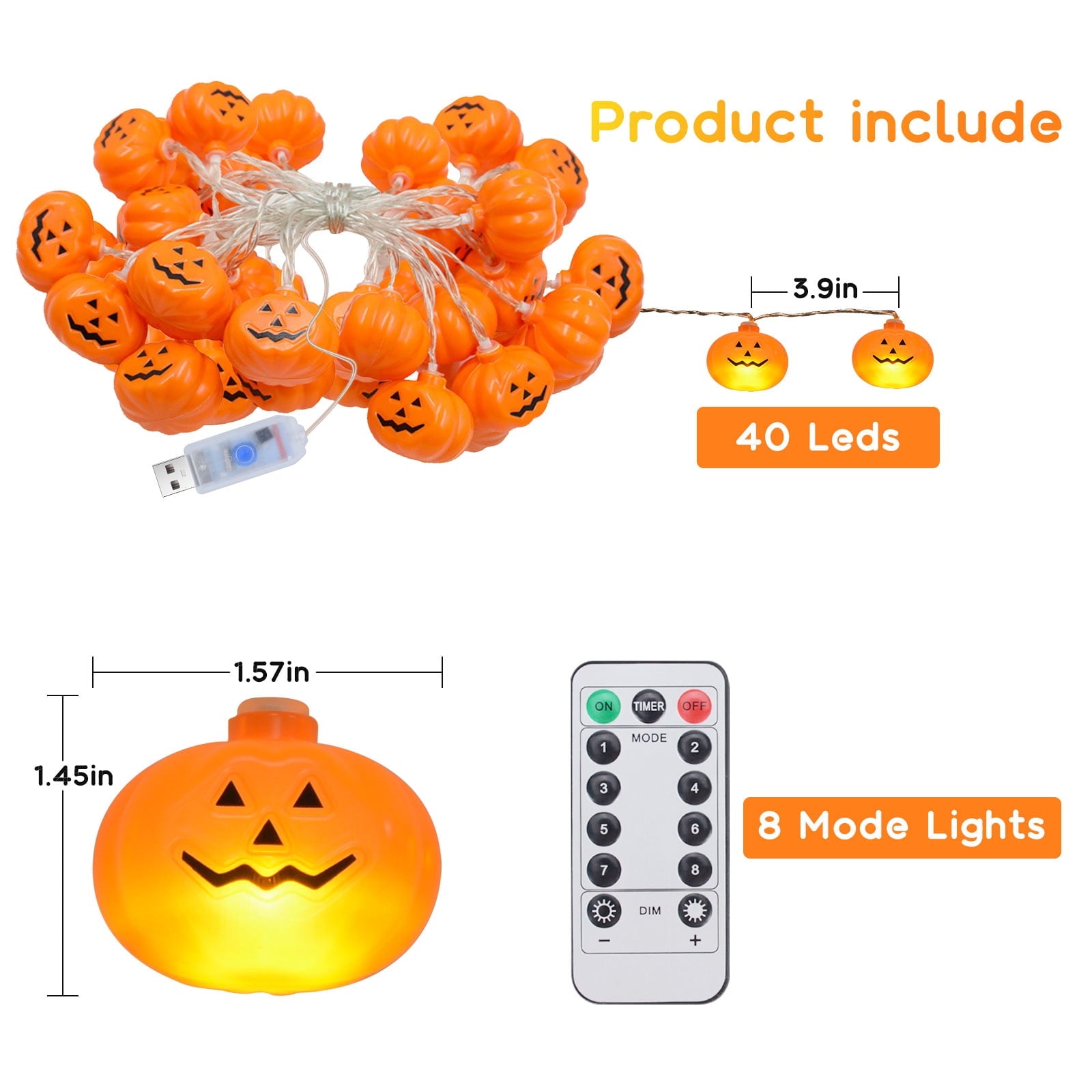 Qoosea Halloween Pumpkin String Lights, 20FT 40 LED 8 Mode Waterproof Pumpkin String Lights for Outside Decor Camper Party Indoor Bedroom Decorations