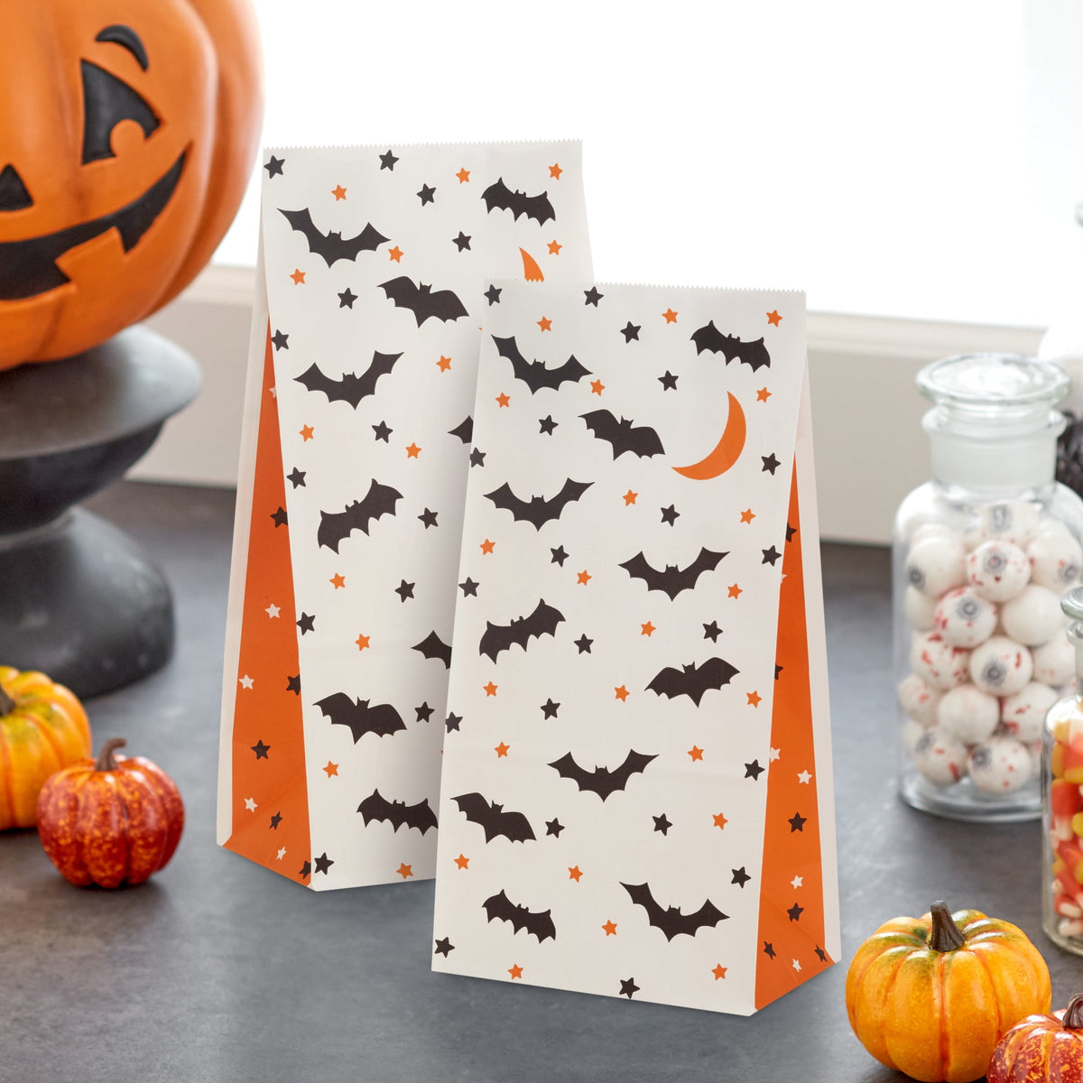 Hallmark Small Halloween Goodie Bags (Black Bat and Orange Star), 12 Count